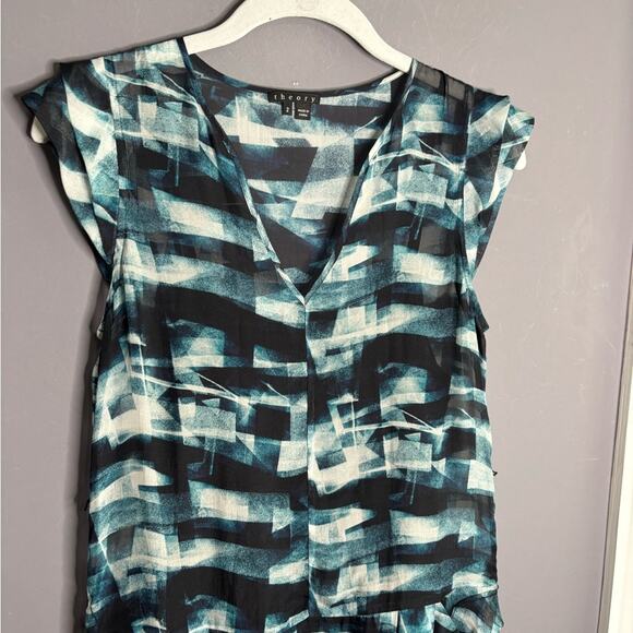 Theory Blue Black Printed Silk Drop Waist Short Sleeve Dress Size 2 - Picture 2 of 7